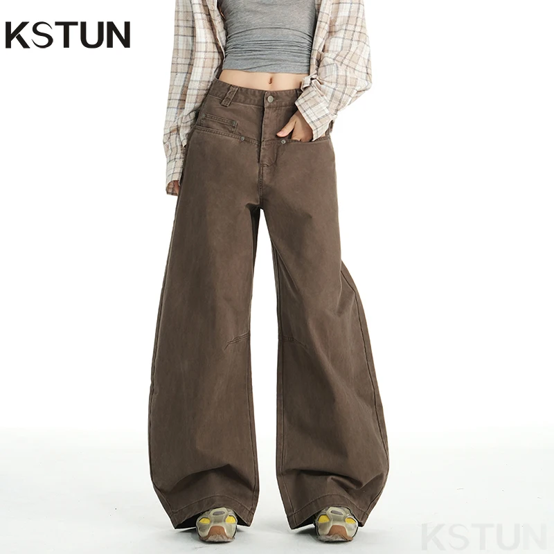 

Женские брюки-карго KSTUN 2026, кофейные, с изогнутым низом, широкие штанины, низкая посадка, фасон «банан», в американском винтажном стиле, 100% хлопок