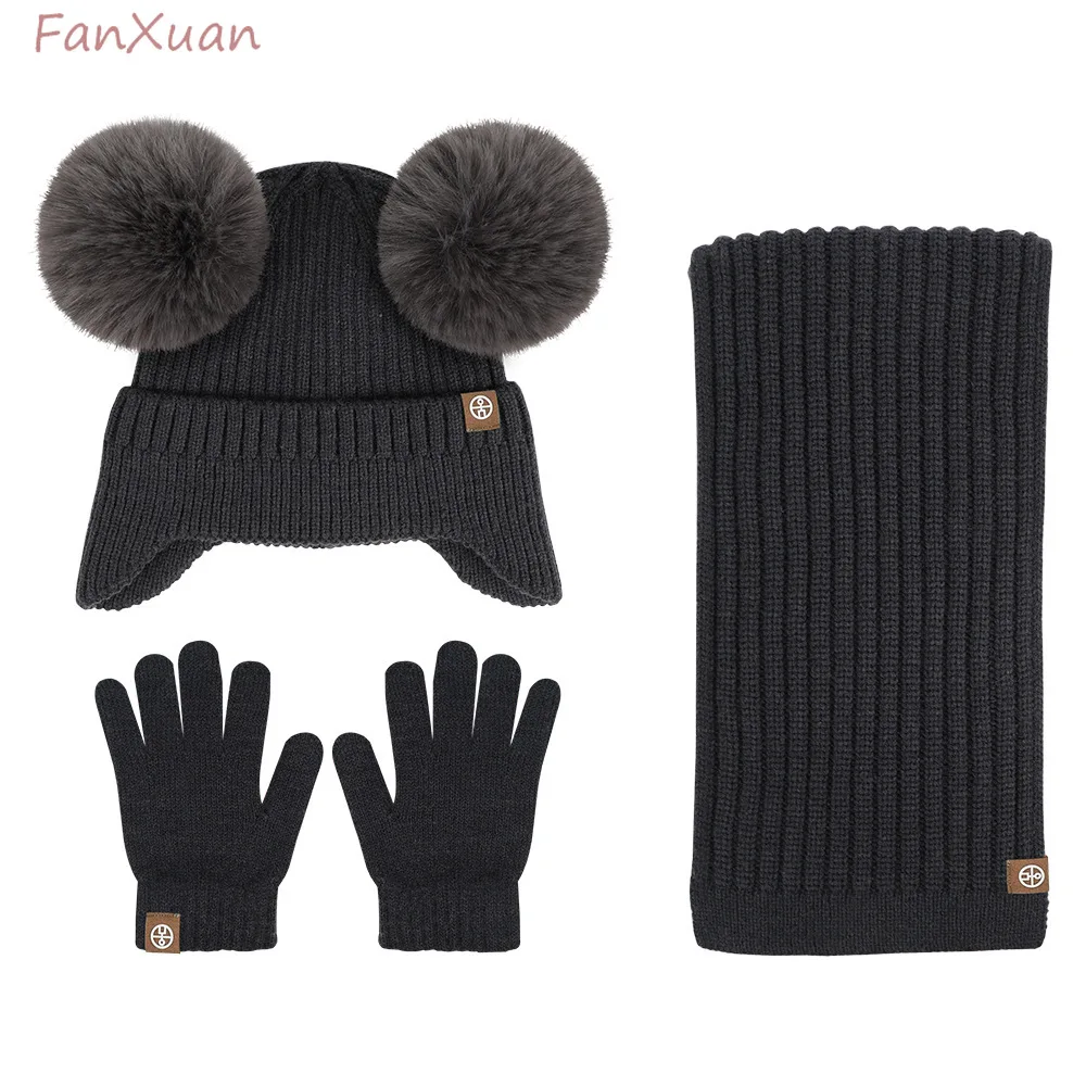 Girl Boy Winter Beanies Scarf Gloves Set 3pcs Solid Color Knitting Hats Big Fur Pompoms Ear Muffs Children Winter Hats Sets