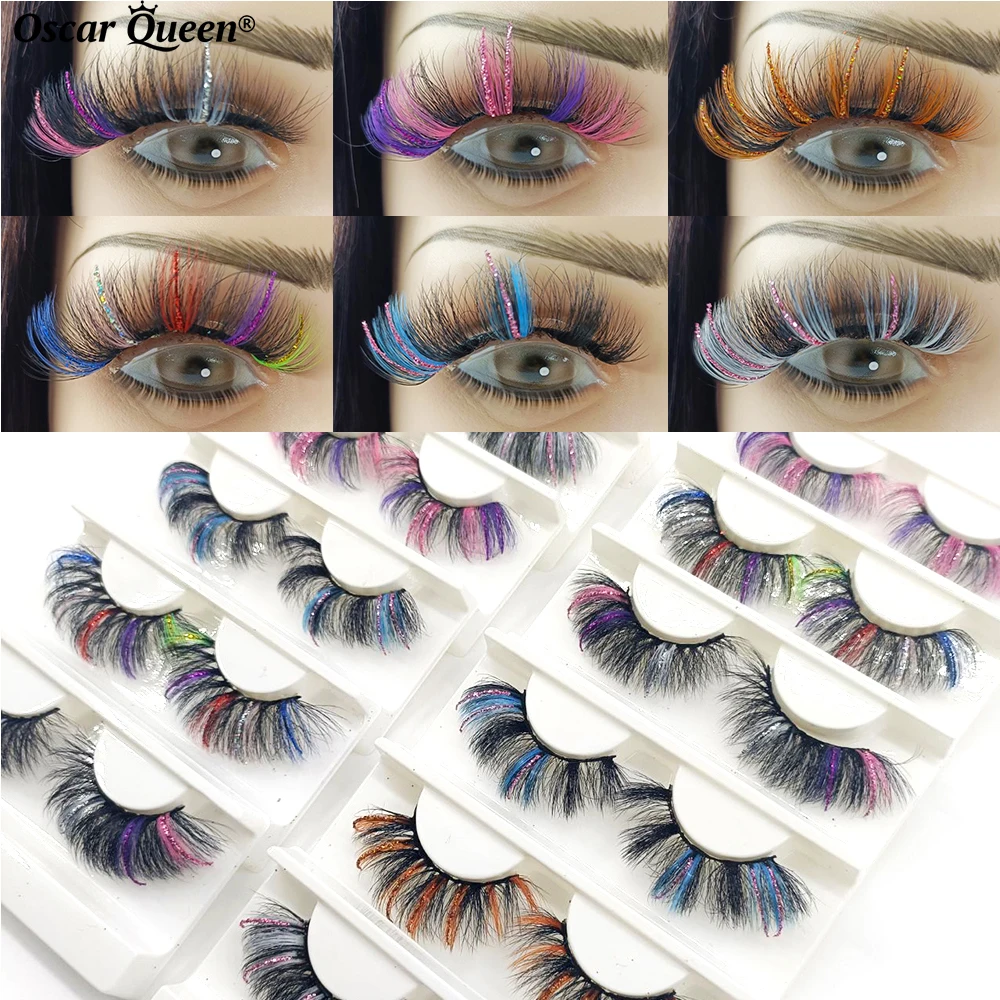 1 Paar Glitter Ombre Gekleurde Nertsenwimpers Voor Cosplay Natuurlijke Pluizige Dramatische Kleurrijke Wimpers Dozen Verpakking Make-Up Schoonheid