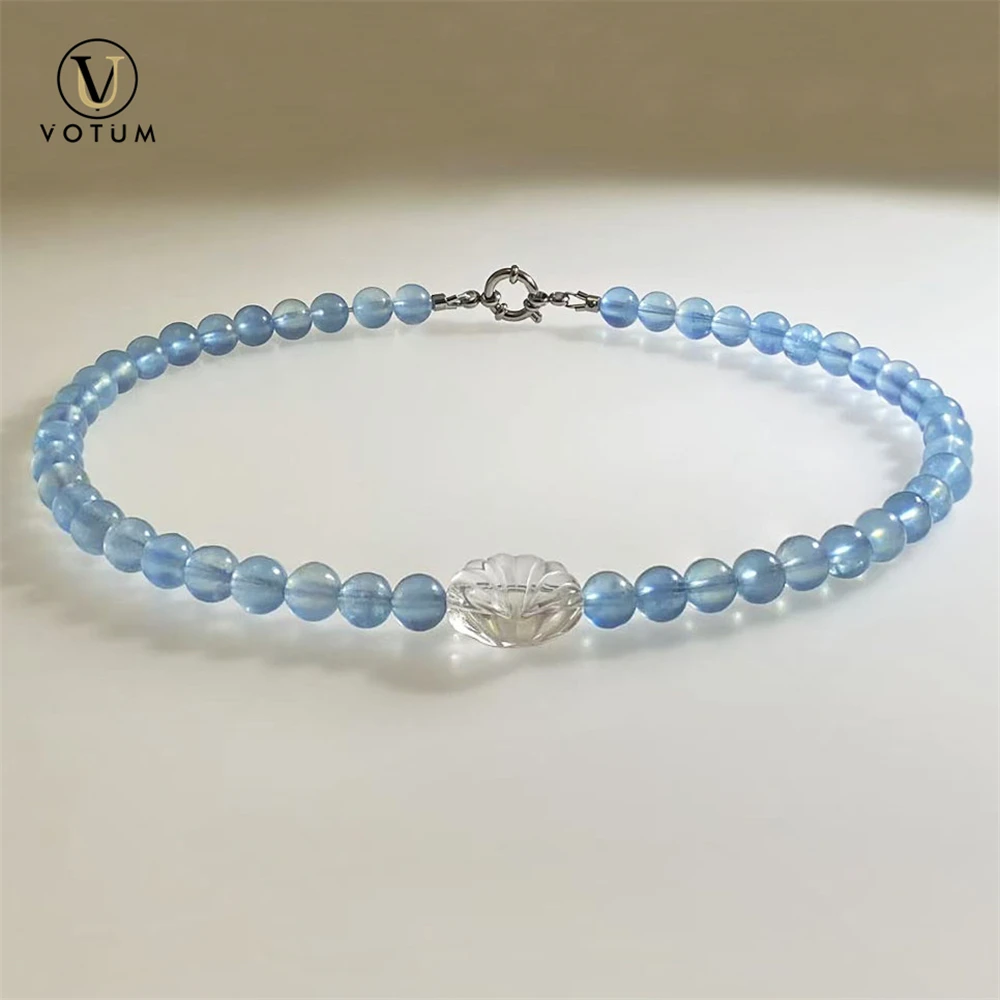 Votum Natural Shell Shape Clear Quartz Aquamarine Beaded Choker Necklace for Women Lady White Crystal Healing Necklaces Jewelry