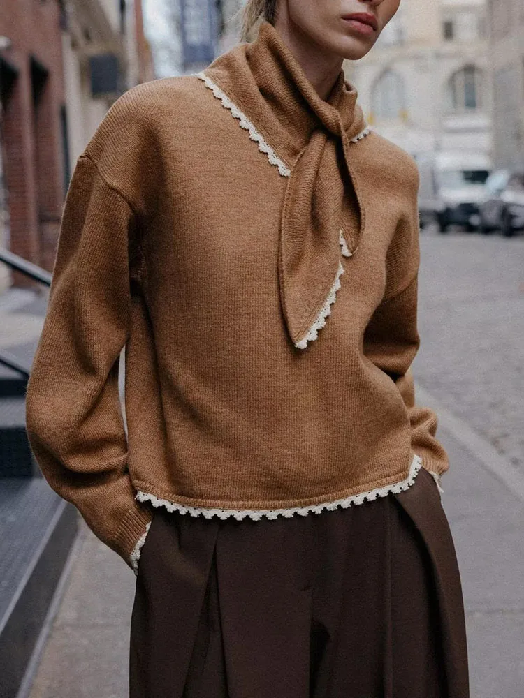 

Spring 2026 New Sweet Faionable Knitted Sweater with Scarf Ruffle Design Casual Sle Long Sve for Young Girls