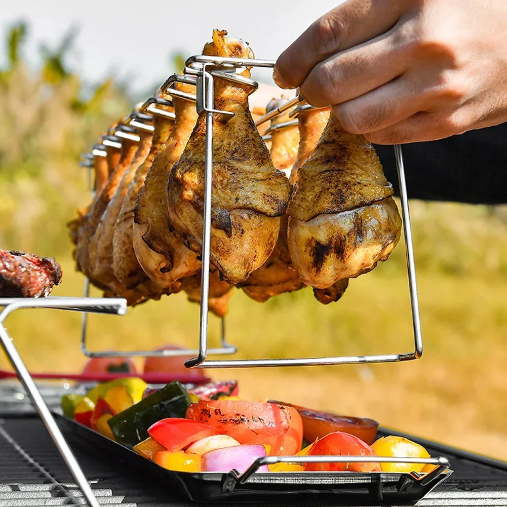 

Chicken Leg Rack for Grill with Drip Tray 430 Stainless Steel Folding Drumstick Rack 14 Slots Chicken Wing Rack Holder for BBQ