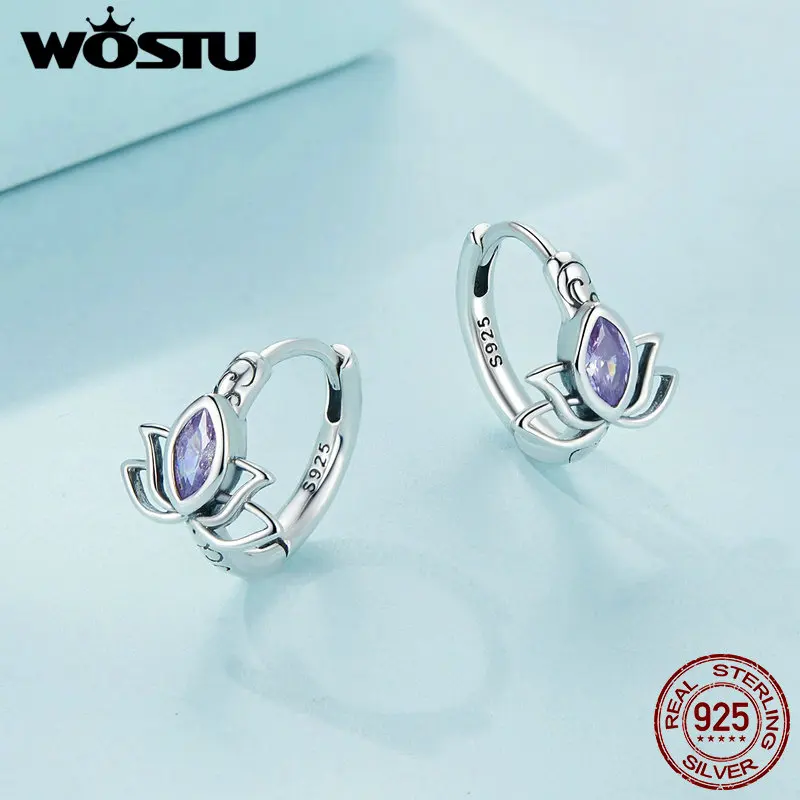 WOSTU Vintage 925 Sterling Silver Lotus Flower Hoop Earrings Purple Zircon Ear Buckles For Women Original Design Jewelry Gift