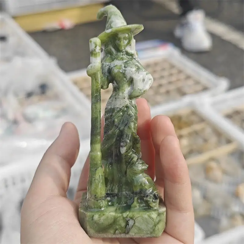 Natural Green Agate Halloween Broomstick Witch Carving Crystal Love Healing Fengshui Gemstones HomeDecoration Holiday Gift 1PCS