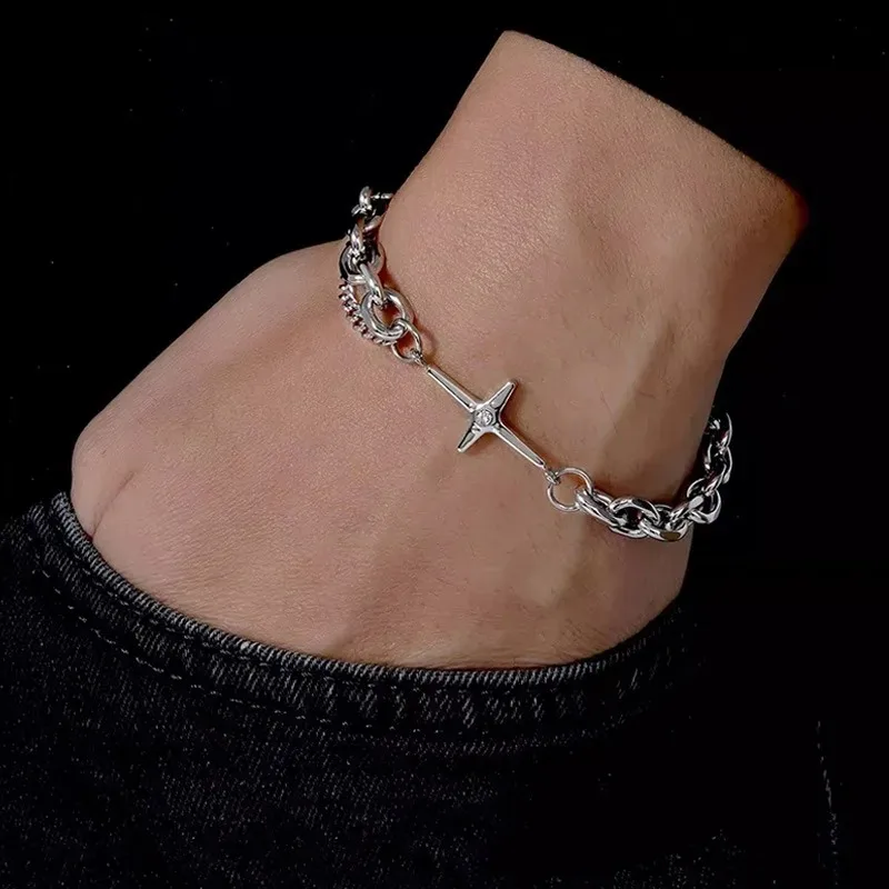 New Punk Cross Y2K Stars Metal Bracelet Vintage Star Bracelet Multilayer Charm Chain Bracelets for Women Men Hip Hop Bracelet