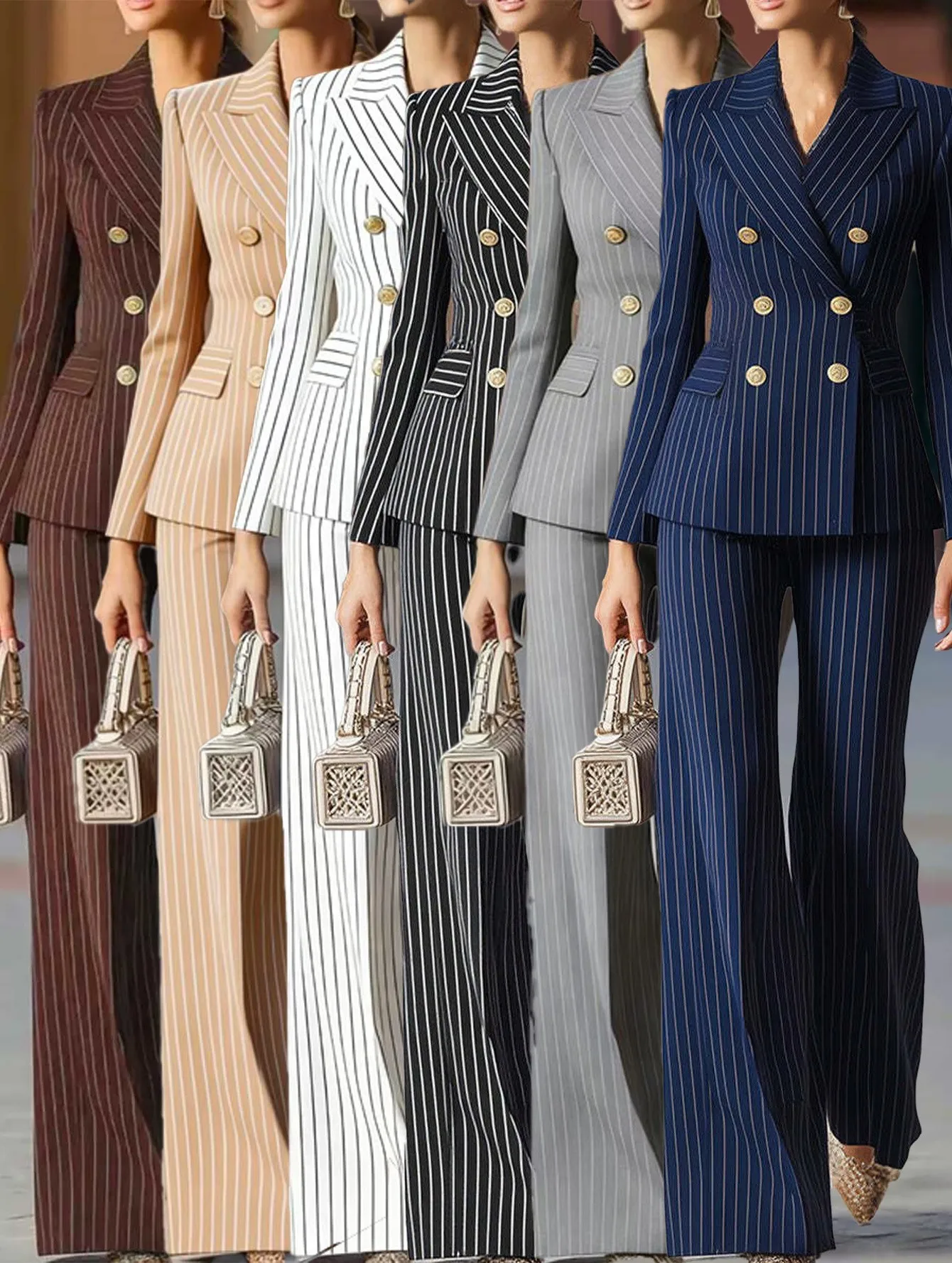 Elegant Women's Suit Set Navy Blue Pants Wide Leg Trousers Double Breasted Slacks Tailored Fit Dress Pants Striped Ensemble