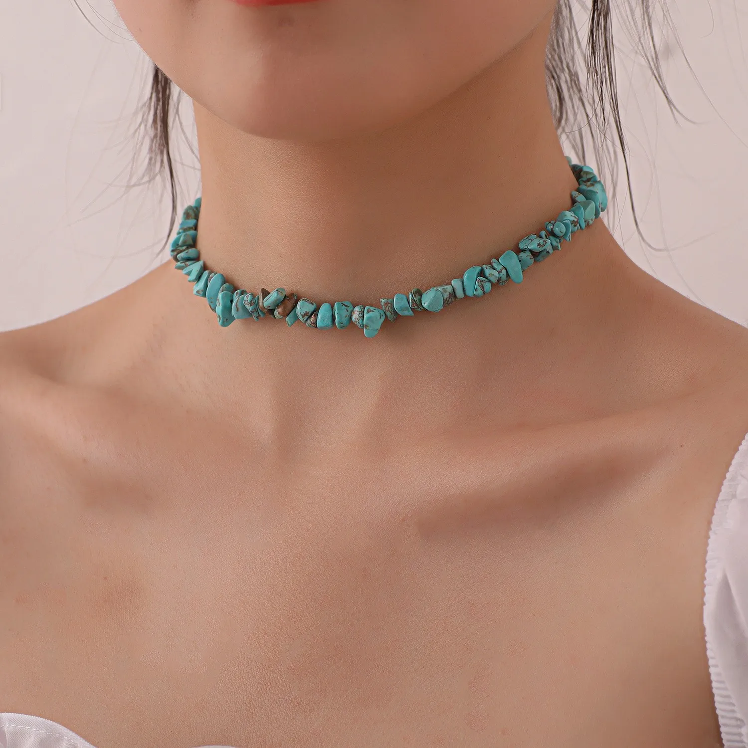 Necklace Turquoise Irregular Handmade Women Trendy Versatile Choker Green Blue Stone Alloy Lightweight Daily Party Travel Gift