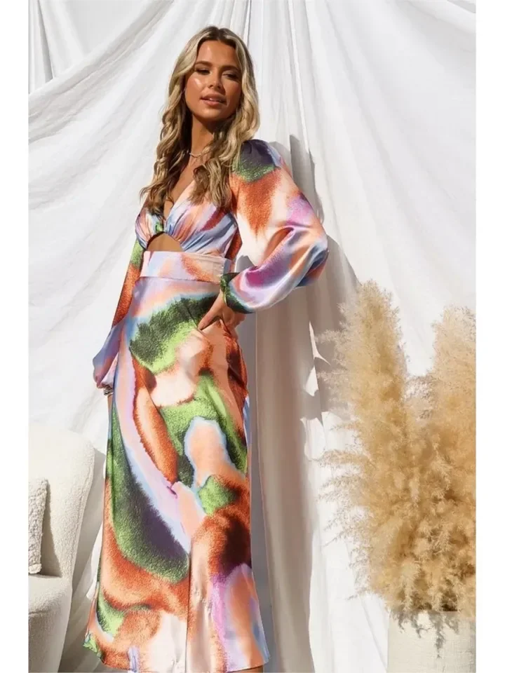 Sexy Bodycon Tie Dye Gedrukt Satijn Lange Feestjurken Voor Vrouwen Lange Mouw Diepe V-hals Hollow Out Slim Prom Dress Vestidos 2023