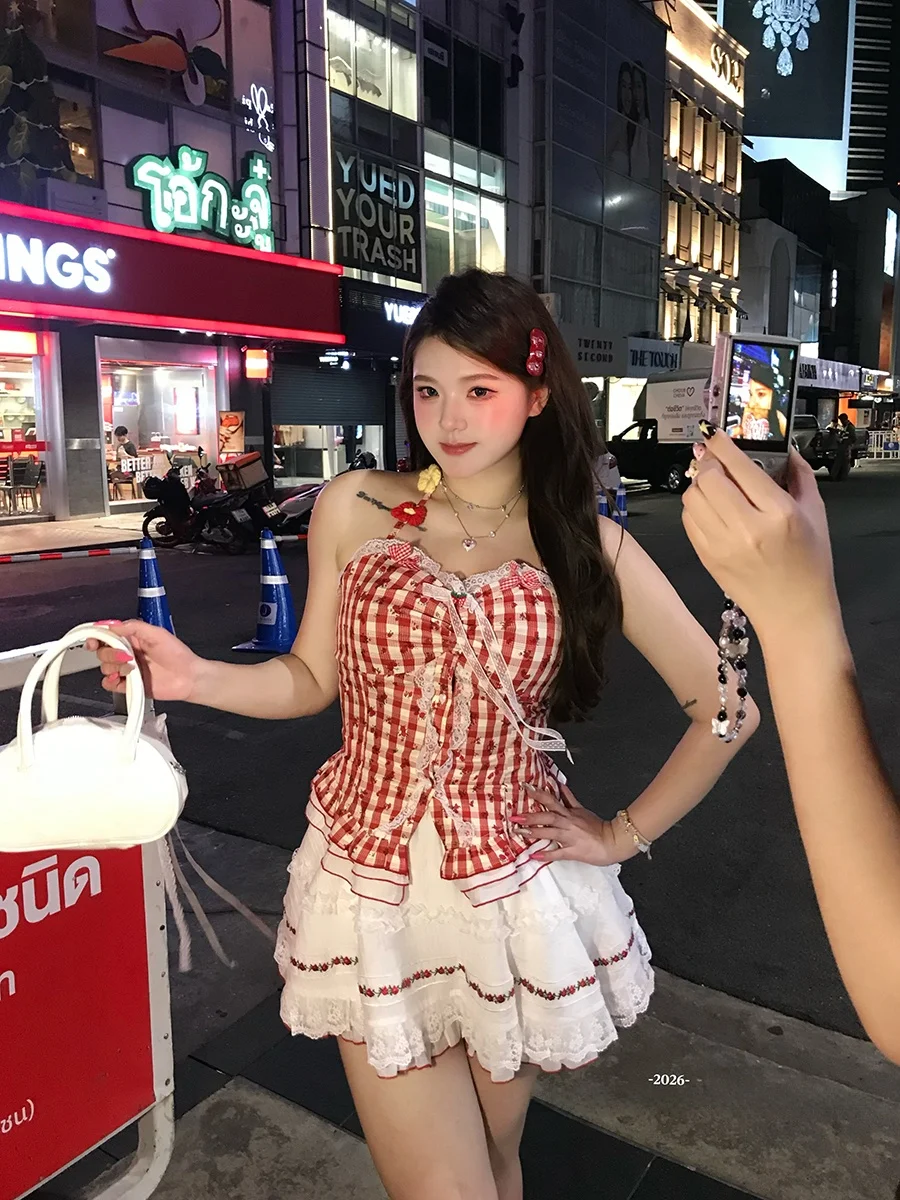 Sweet Berry Heart Plaid Neck Hanging Top Slim Fit Puffy Skirt Two Piece Set Summer Casual High Waist A-Line Skirt Short Sleeve