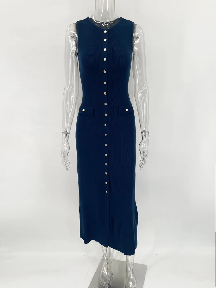 Gaun Rajut Panjang Wanita Pinggang Tinggi Slim Kantong Tanpa Lengan Gaun Pesta Elegan Rajutan Wanita Gaun Maxi