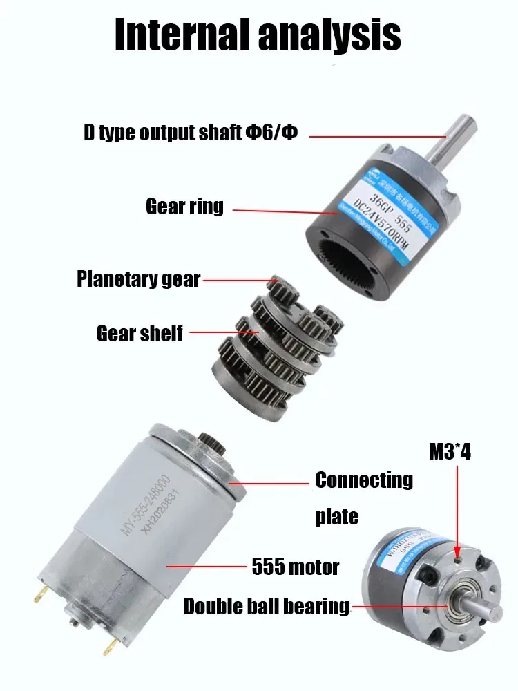 12V 15w 24V 30w Planetary DC Geared Motor 36GP-555 Low Speed Adjustable Micro Forward And Reverse Rotation, Large torque