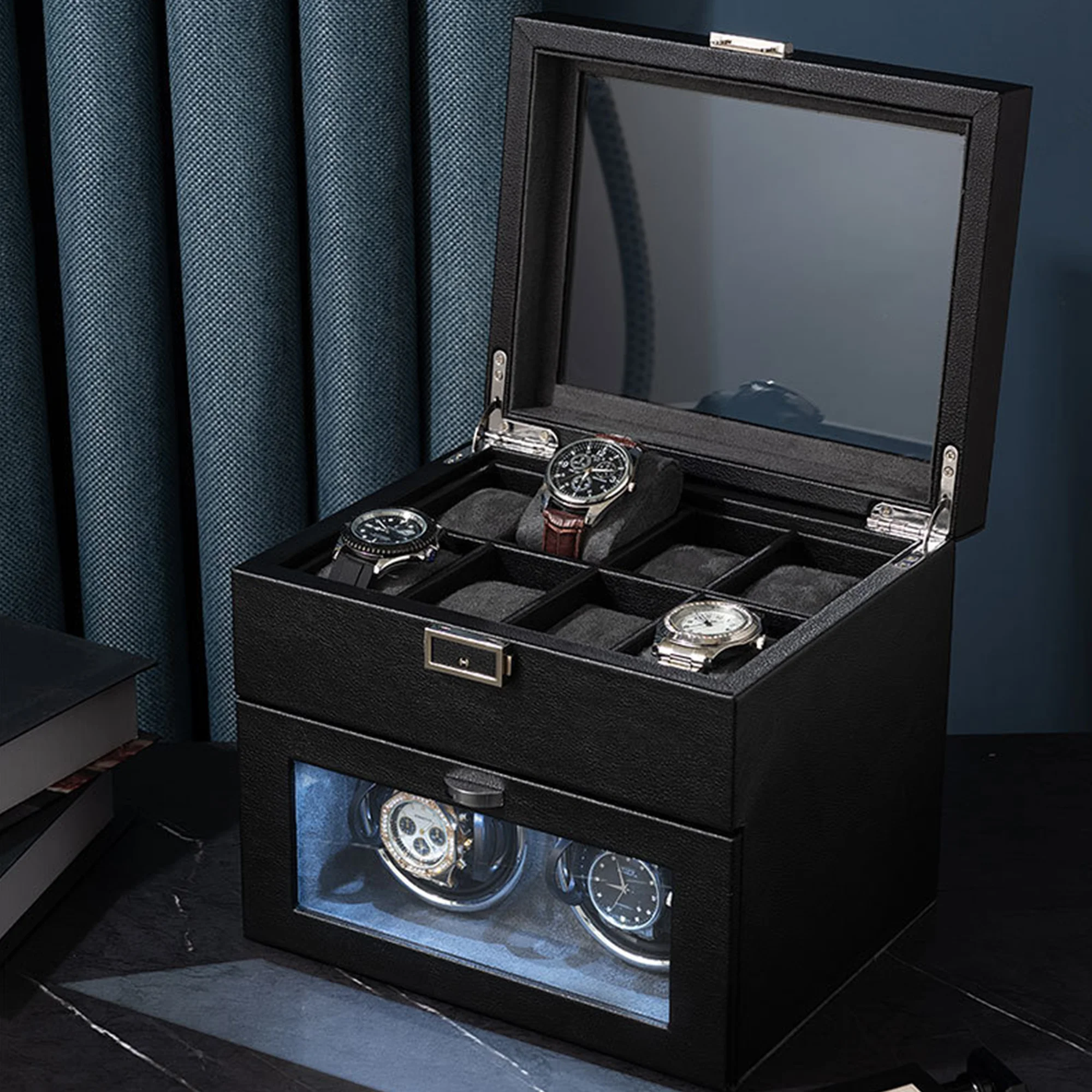 

PU Leather Automatic Watch Winder 2 Rotors + 8 Slots Watch Storage Box for Mechanical Watches Quiet Motor Watch Display Case