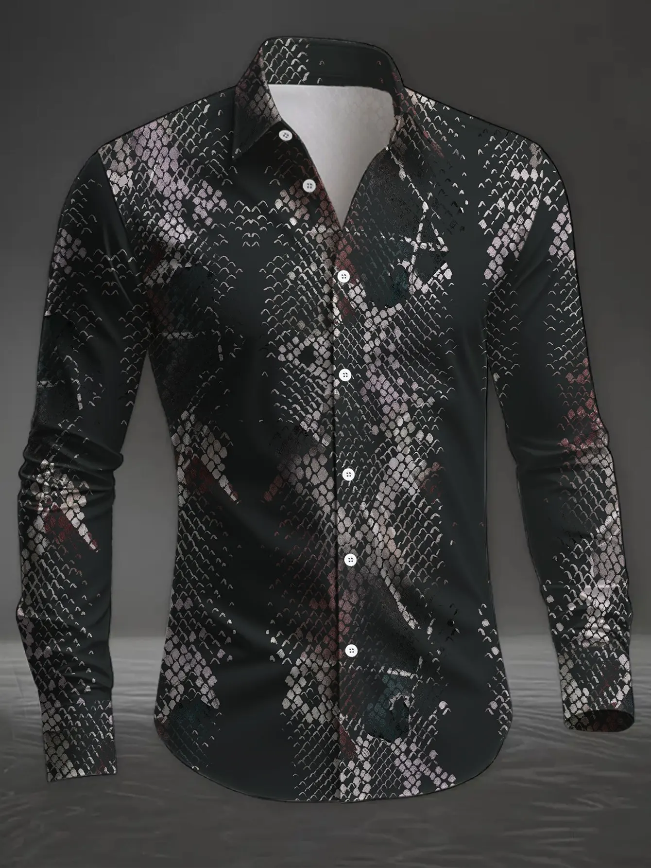 Men Long Sleeve Button Down Shirt Black Snake Skin Animal Print Polyester Lapel Collar Street Party