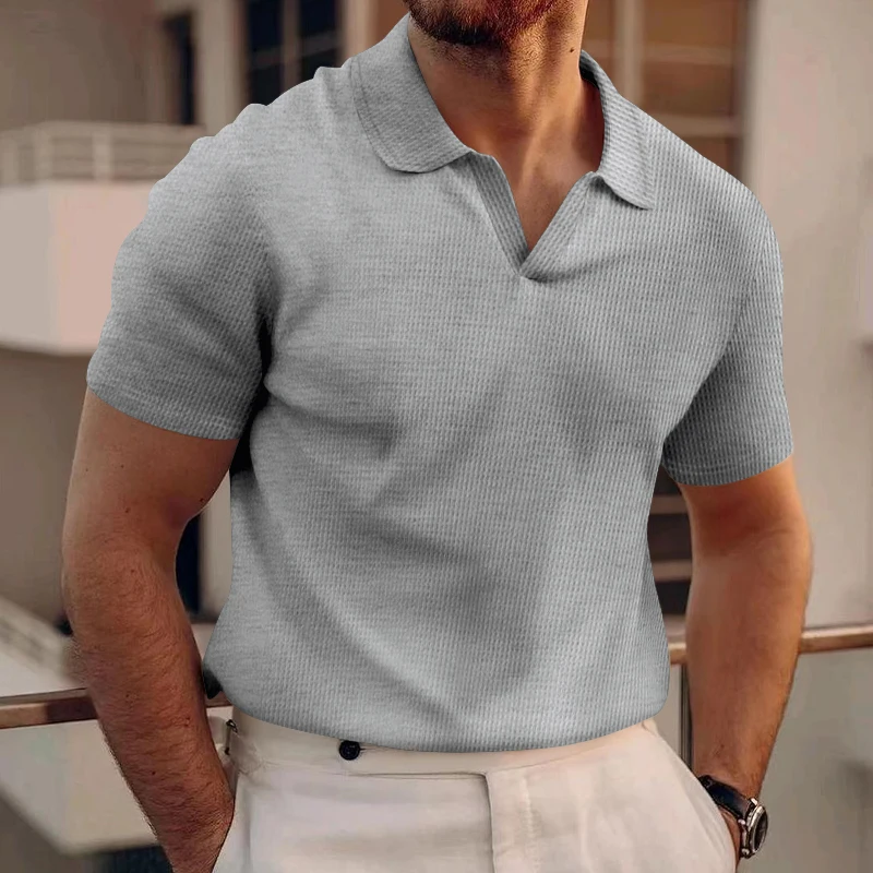 24 cross-border European and American summer AliExpress Amazon new polo shirt lapel V-neck waffle short sleeve men's T-shirt image 6