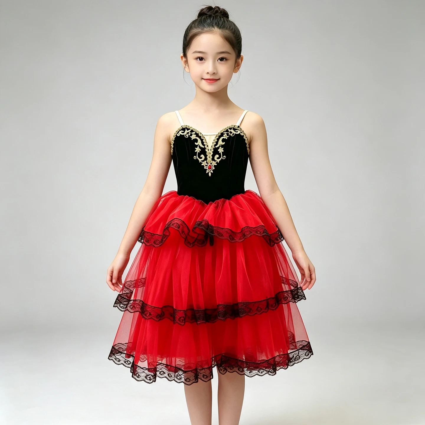Professional Spainish Red Long Skirt Black Red Adult Children's Ballet Performance Dress