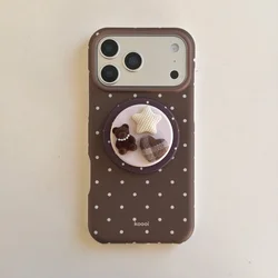Shockproof White Dots Pattern Magnetic Brown Phone Case with Bear Holder for iPhone 17, 16, 15, 14, 13, Pro, Promax