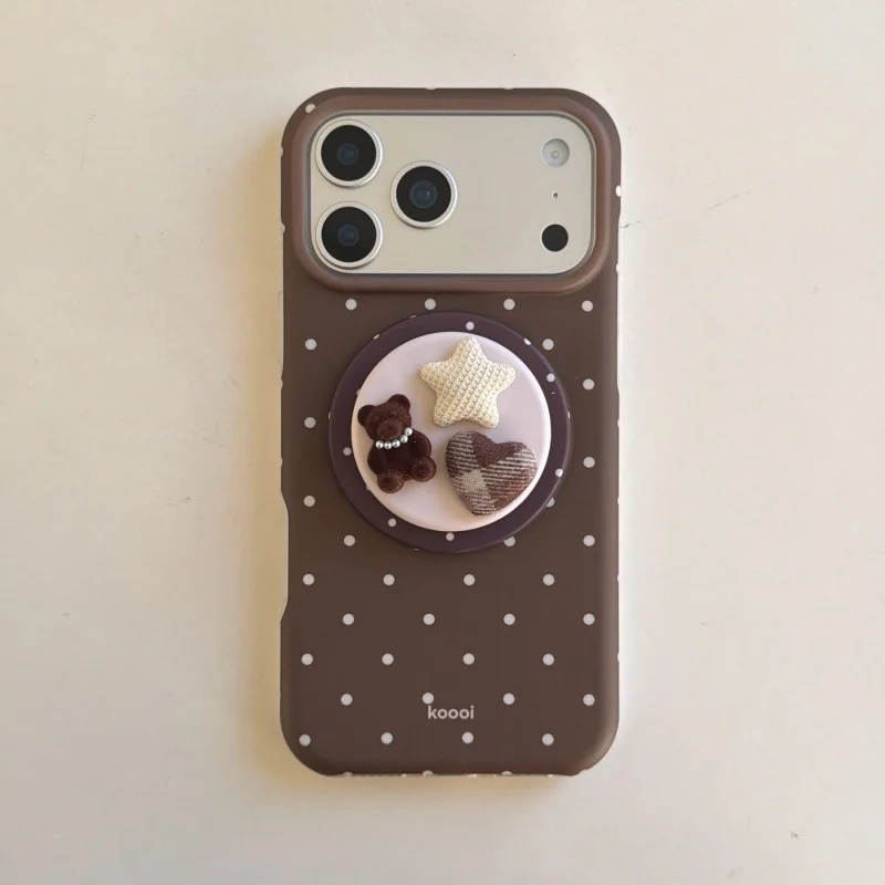 Shockproof White Dots Pattern Magnetic Brown Phone Case with Bear Holder for iPhone 17, 16, 15, 14, 13, Pro, Promax