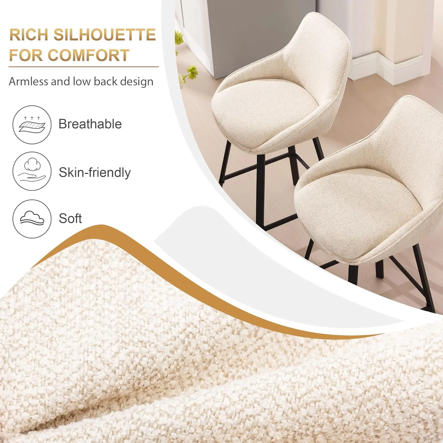 Juego de 2 taburetes giratorios para mostrador, taburetes de bar modernos de 26 pulgadas con patas de metal, taburetes de isla de cocina tapizados de lino beige