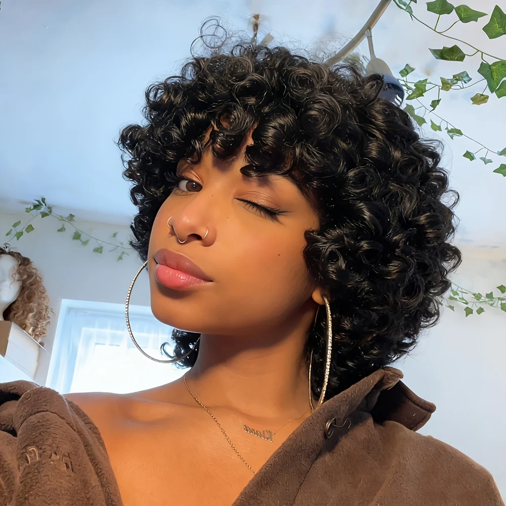 Natural Black Kinky Curly Human Hair Wig  with Bangs for Women , Full Machine Made Wig 180% Density Short Bouncy Curly Pixie Cut, Rose Net Cap for Special Occasions
