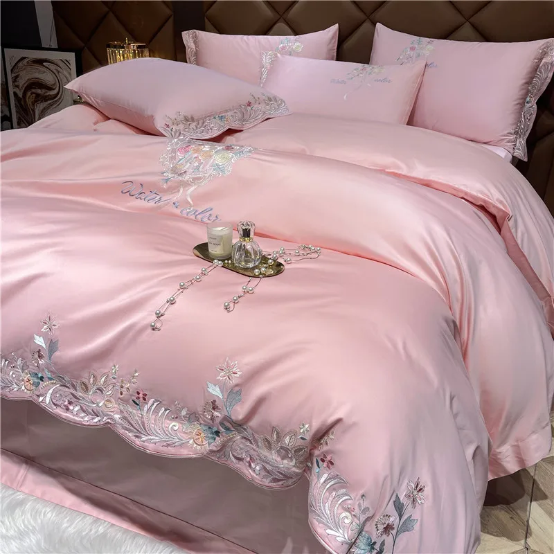 Florals Embroidery Duvet Cover Set 4pcs Luxury Pink Egyptian Cotton Bedding Bed Sheet Pillowcases Solid Color Home Textile