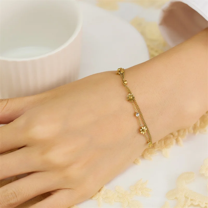 316L Stainless Steel New Fashion Fine Jewelry 2 Layer Embed Zircon Daisy Flowers Charm Chain Bracelets Bangles For Women