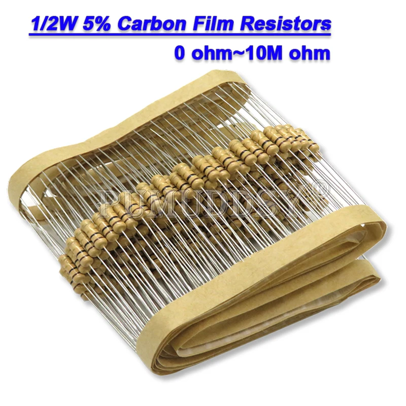 50PCS 1/2W Carbon Film Widerstände 5% 1R-10M 1K 10K 4K7 100K 200K 560K 1M 3M3 Ohm Farbe Ring Widerstand 10R 47R 100R 220R