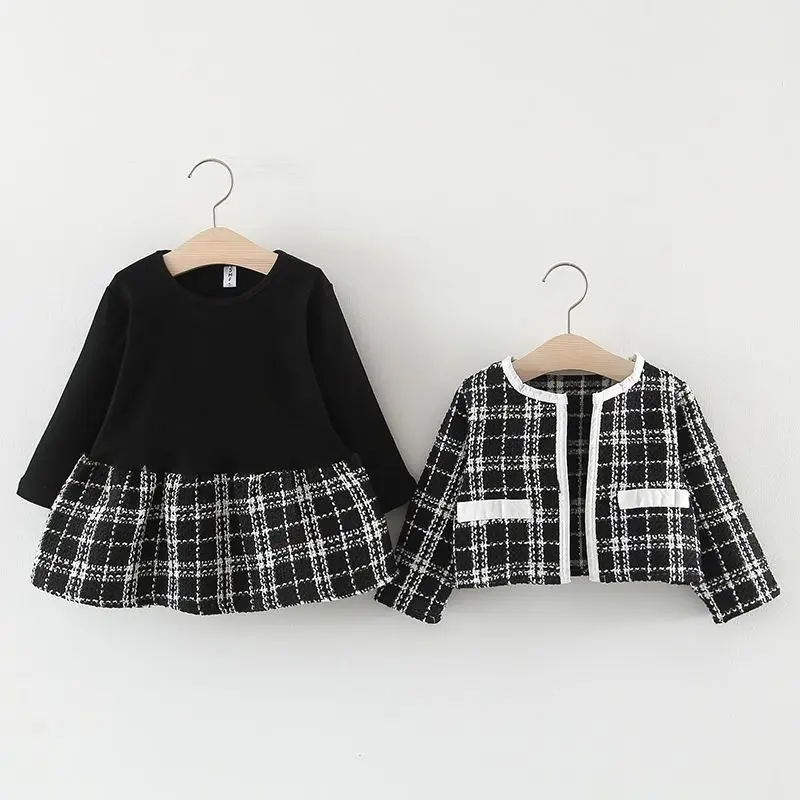 2023 Spring Girls Fashion 2pcs Plaid Suit Baby Kids Children Clothing Set Including Coat+ Dress