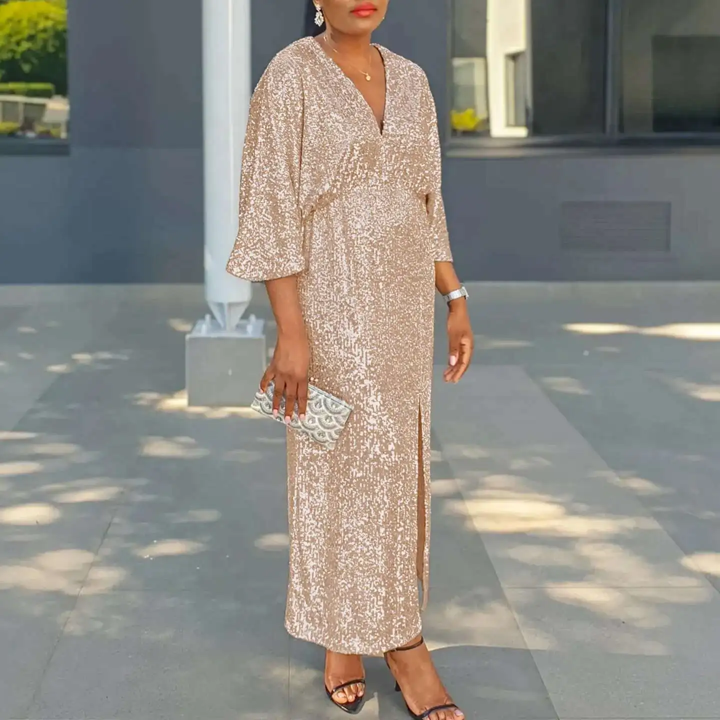 

Autumn 2025 New Women's Loose V-neck Fashionable Sequin Slit Long Skirt Formal Wedding Dress Long Evening Party Long Dresses