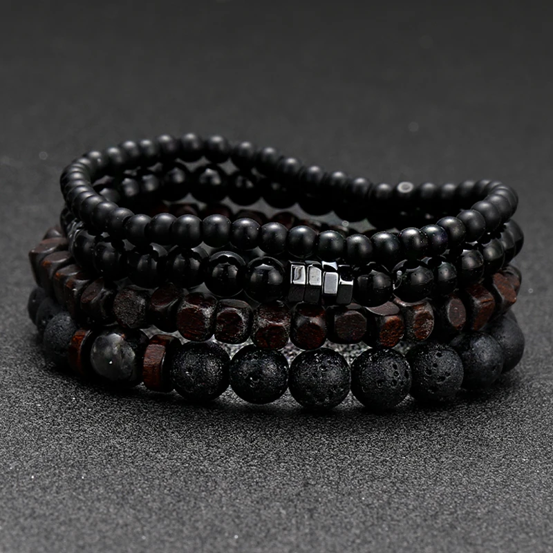 3pcs/4pcs Set Black Gall Stone Volcanic Stone Wood Beads Multi-layer Men's Combination Elastic Bracelet For Couple Friends