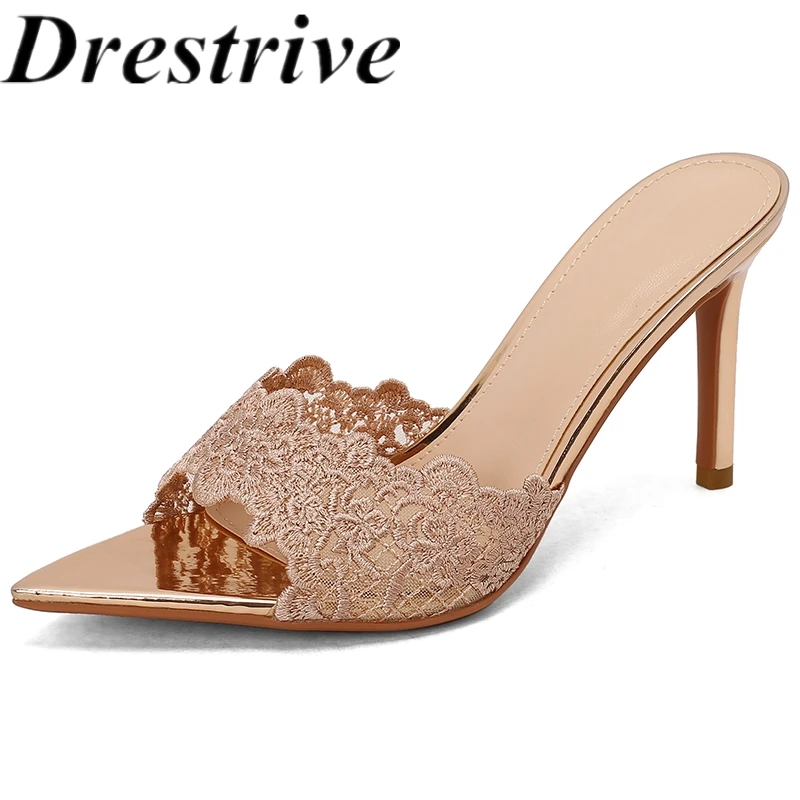 

Drestrive 2025 Sexy Women's Sandals Lace Thin High Heels Pointed Toe Handmade Summer Shoes Party Rose Gold