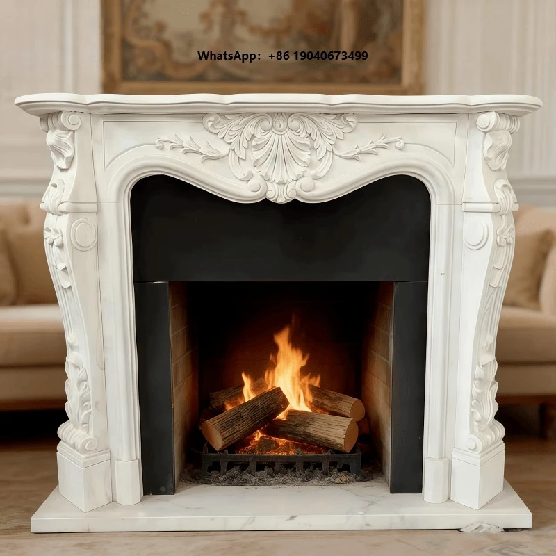 Modern White Marble Carved Fireplace Freestanding Handmade Stone Decoration for Hotel and Villa Use   h003