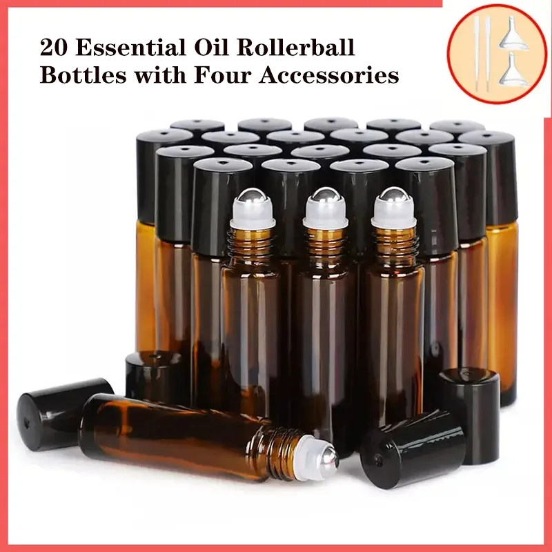 20pcs 5/10ML  Amber Roller Ball Essential Glass Oil Bottle Empty Perfume Roller Ball Refillable Liquid Container Makeup Tools