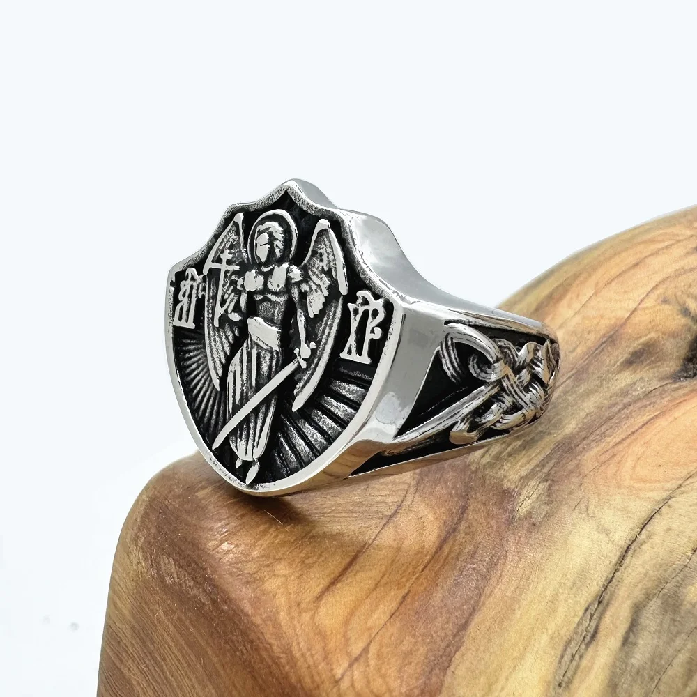 St. Michael Solid Ring For Man 316L Stainless Steel Jewelry Angel Ring Size 7-13