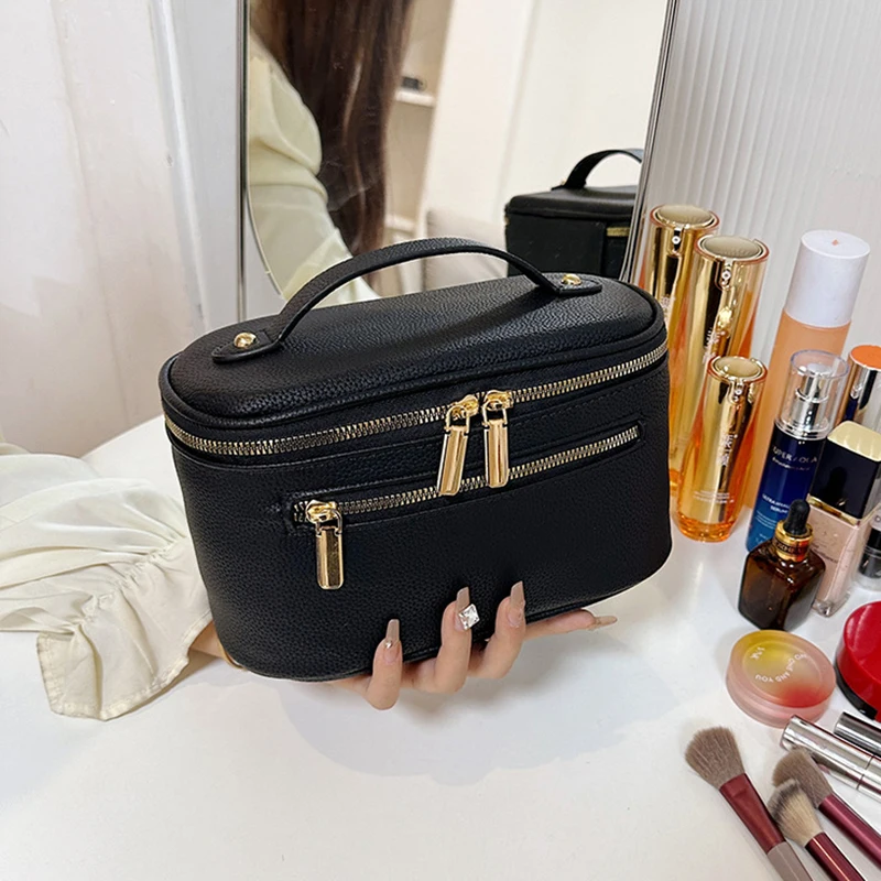 Double Zipper Travel Makeup Bag for Women Cosmetic Bag Portable Large Capacity Makeup Bag Storage Organizer Leather Toiletry Bag