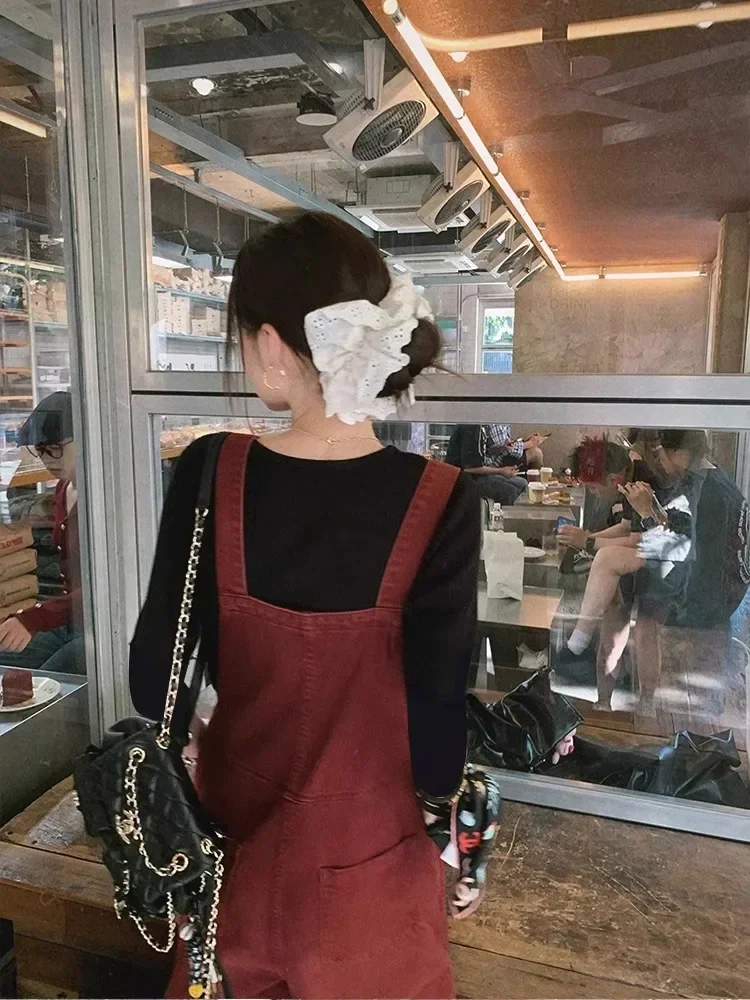 Peleles de calle para mujer, Pantalón recto, monos rojos Vintage para mujer, pantalones de pierna ancha holgados rectos a la moda informales para chica fresca