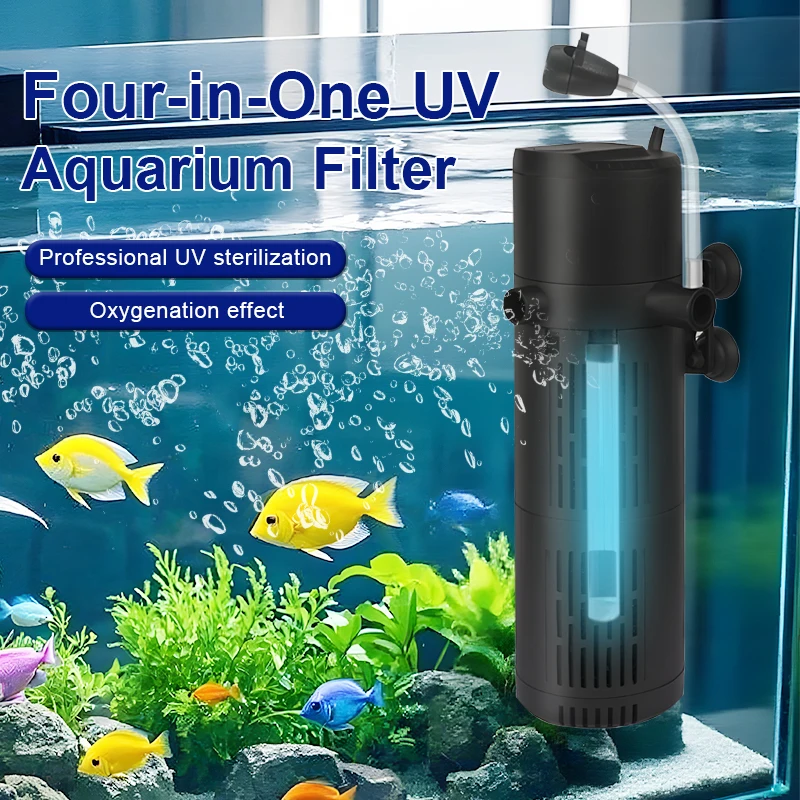 Новая УФ-лампа для аквариума 4 в 1, 220 В, циркуляционный фильтр, стерилизация по времени для аквариума, бесшумный кислородный погружной насос