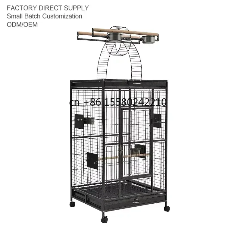 2026 hot Large Solid Iron Parrot Cage with Play Stand Rolling Base Storage Shelf Splash Rim for Big Birds Breeding