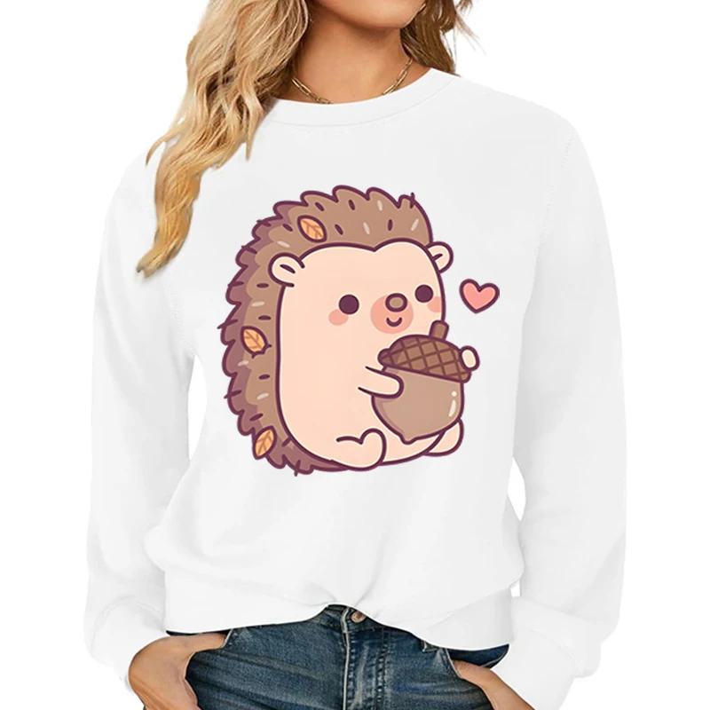 

Cute Hedgehog and Acorn Pattern Sweatshirts Women Long Sleeve Crewneck Autumn Tracksuit Cartoon Anime Hedgehog Female Pullover