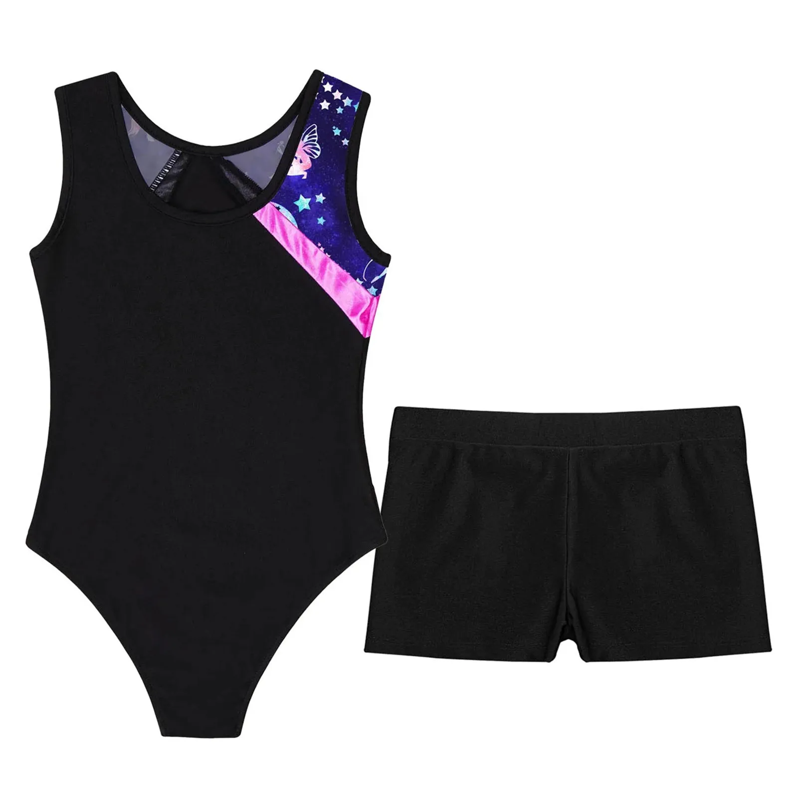 Kids Girls Printed Dance Sets Sleeveless Patchwork Leotard with V-front Waistband Shorts for Dance Gymnastics Stage Performance image 4