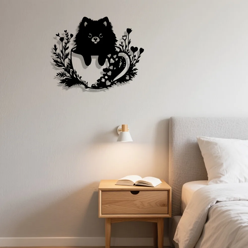 1 pieza de arte de pared de metal de aluminio inoxidable, linda estatua de perro Pomerania, decoración vintage para el hogar, regalo
