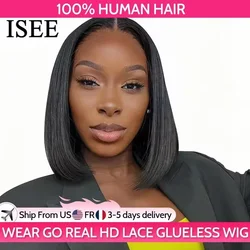 ISEE HAIR Wear And Go Glueless Human Hair Wig Bob HD Lace Straight Short Bob 7x5 Lace Frontal Pre Plucked Human Wigs Ready To Go