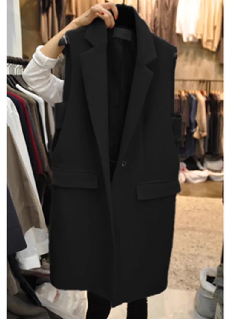 Long Suit Jacket Waistcoat Women\'s One Button Chalecos Para Mujer Black Vest Sleeveless Colete Feminino Coat Y2k Loose Top