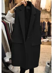 Long Suit Jacket Waistcoat Women's One Button Chalecos Para Mujer Black Vest Sleeveless Colete Feminino Coat Y2k Loose Top