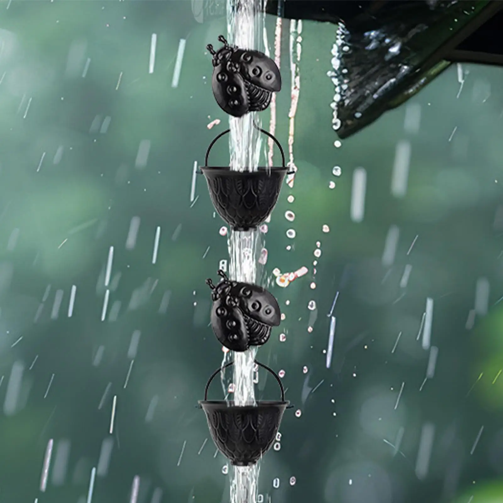 

2.5 m long rain chain, black gutter chains with 12 cups and removable ladybug decor, adjustable rain catcher chain for outdoor