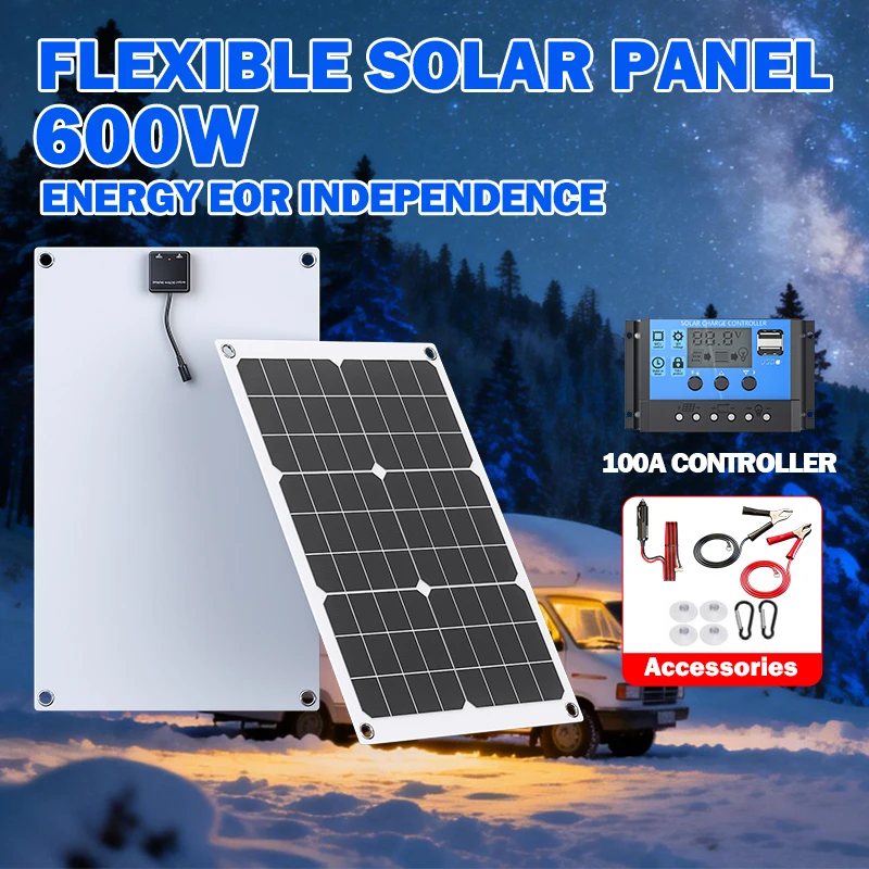 600W Solar Panel 12V with Dual USB & 100A Controller - Portable High-Efficiency Solar Charger for RV Yacht Car Camping Hiking