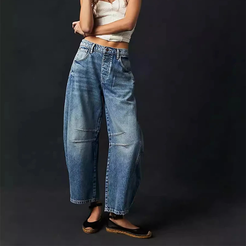 Retro Loose Women Machete Jeans High Street Mid Waist Denim Full Length Pants 2025 Fashion Solid Color Pockets Jean Trousers Y2K