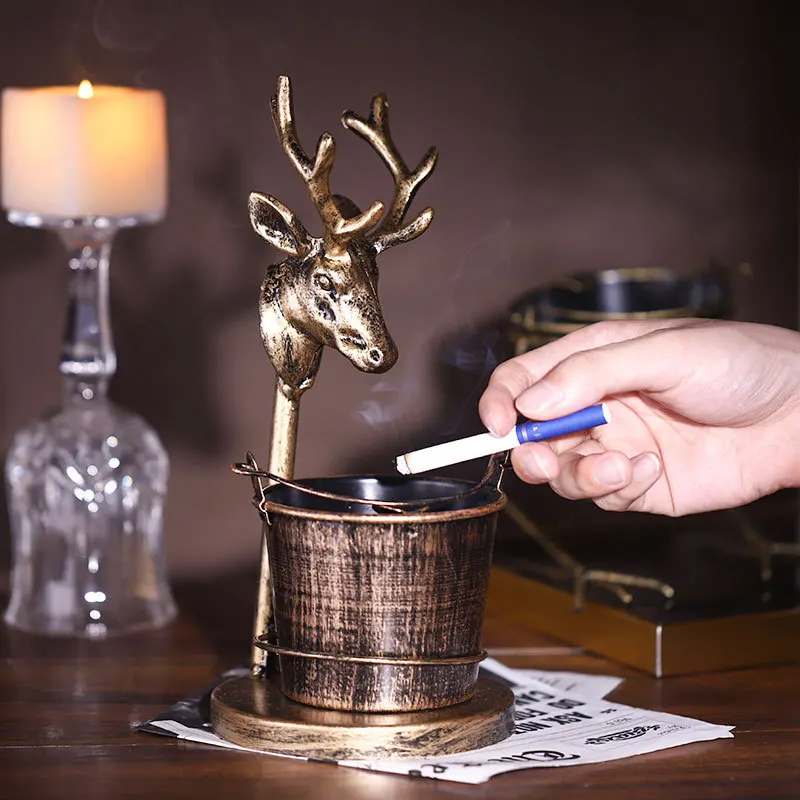 Retro Metal Creative Home Ashtray Deer Head Bar Living Room Office Bedroom Decoration Multi-functional Storage Bucket Pen holder