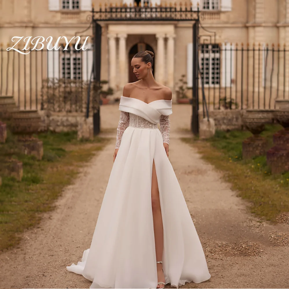 

ZIBUYU Customized 2026 Simple Wedding Dress Off Shoulder Long Sleeves Applique Satin High Slit Lace Up Back A Line Bridal Gowns