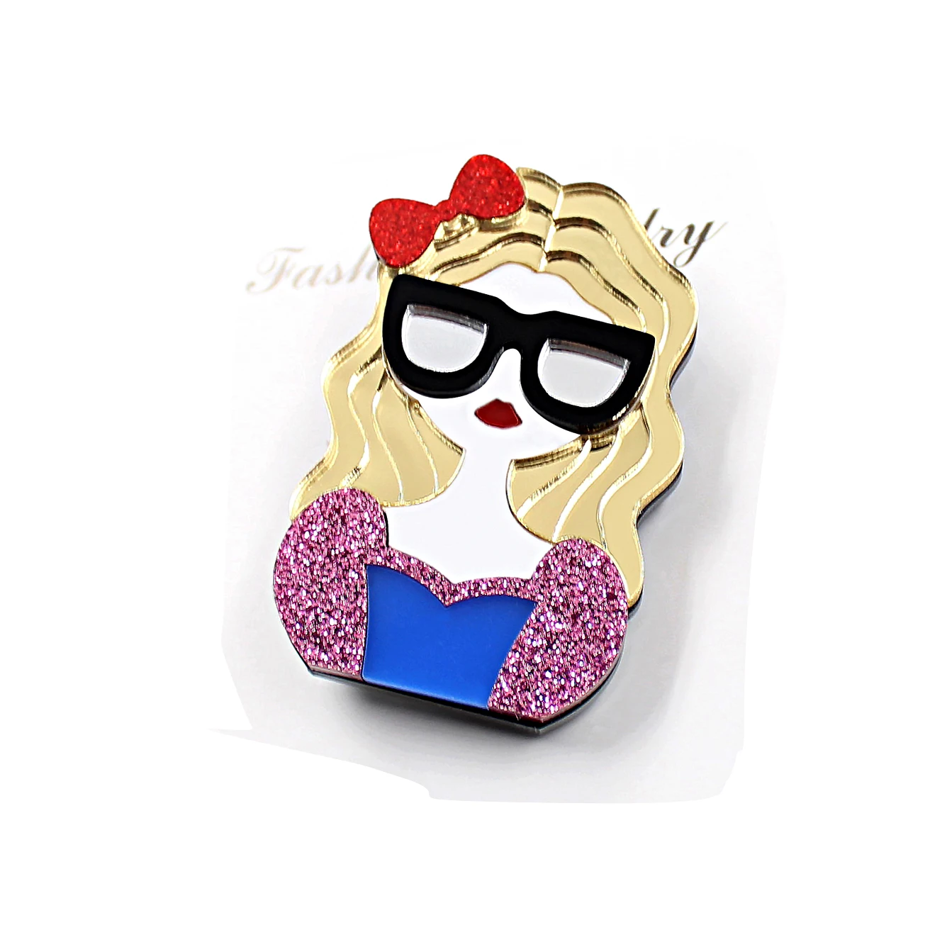 BR111 Girl Brooch Safe Pin  Blond Curly Hair Cute Glitter Acrylic Brooch