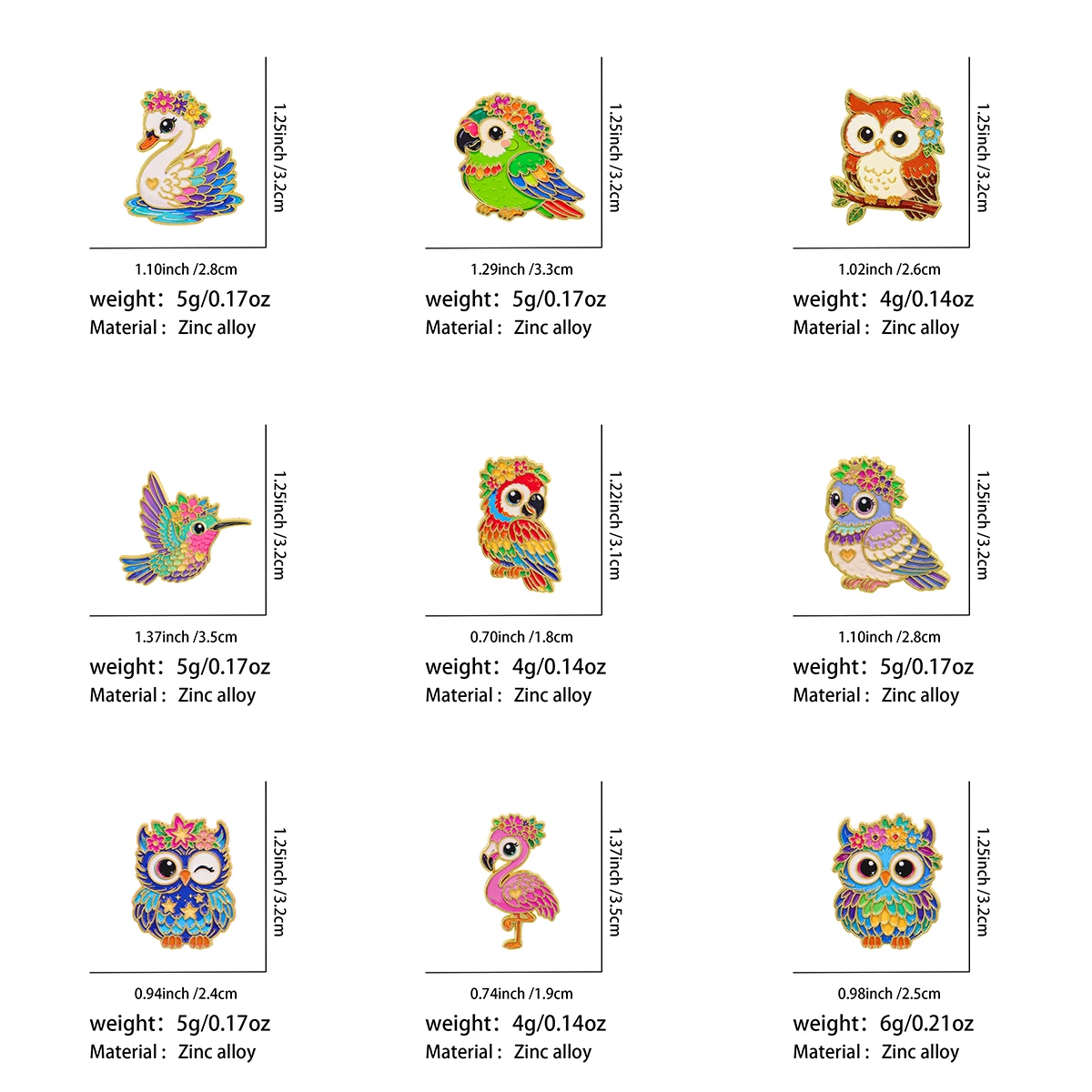 9-teiliges Set Bunte Blumen-Vogel-Eulen-Emaille-Pins Niedliche Papageien-Flamingo-Metall-Anstecknadeln Schmuck Kleidung Rucksack Accessoires Geschenke – Detail 1